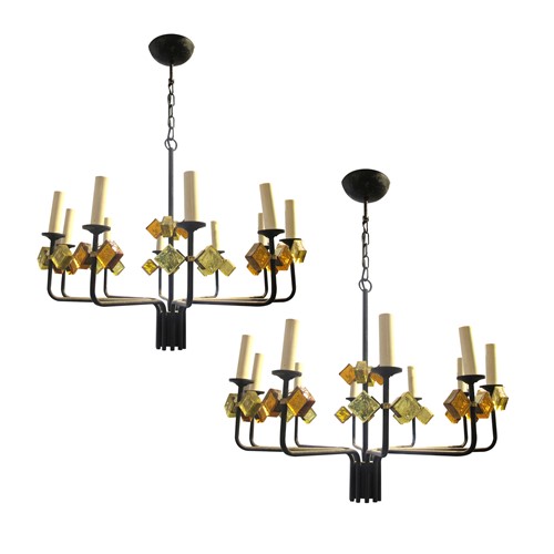 1950S Danish Pair Of Iron And Glass Chandeliers