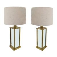 1970s Italian Large Pair of Brass & Mirrored Lamps