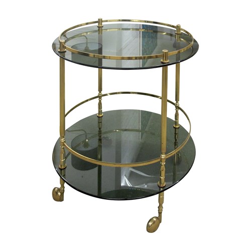 1960S Italian Two Tiers Brass And Smoked Glass Bar Cart