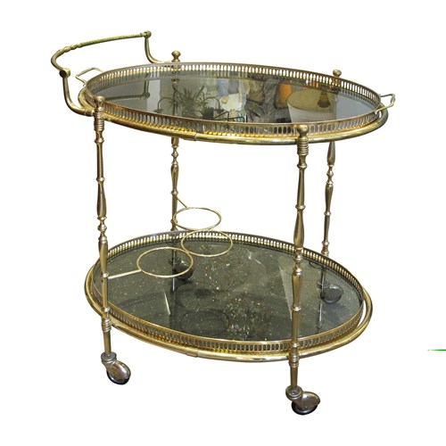 1970S French Brass Oval Serving Bar Cart With Tray On Wheels