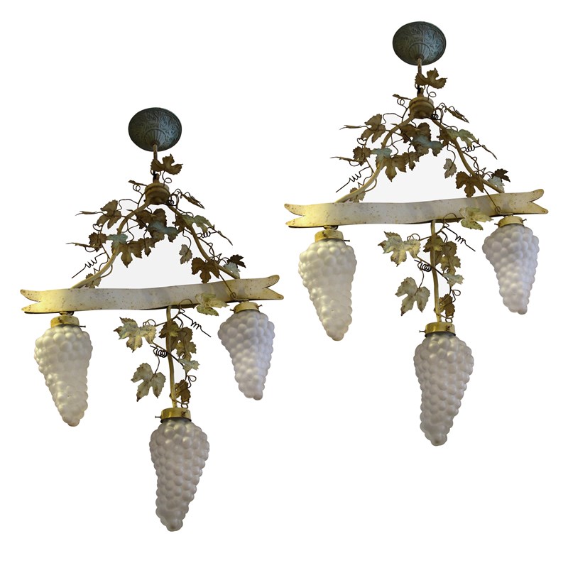 1950S Large Pair Of Toleware Ceiling Lamps With Grapevine Glass Shades, French-les-trois-garcons-img-36656-main-638171714397271550.jpg