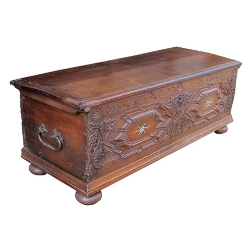Early 18Th Century Large Marriage Oak Trunk With A Vaulted Lid, German