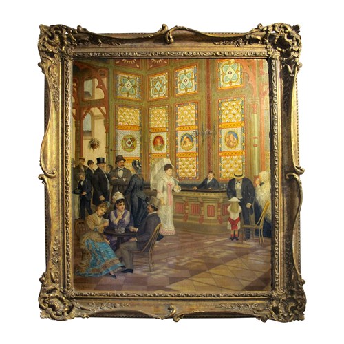 1877 Oil Painting Of A Scene In A Grand Hall With A Gilt Frame, French