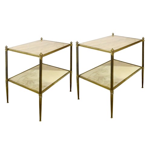1960S Pair Of Two Tiers Cream Marble Side Tables In The Style Of Maison Bagues,