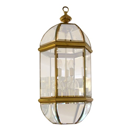 1970S Tall Hexagonal Brass And Curved Bevelled Glass Lantern, Swedish 