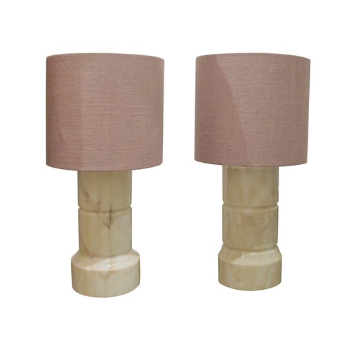 1960S Pair Of Cream Marble Cylinder Table Lamps, Italian