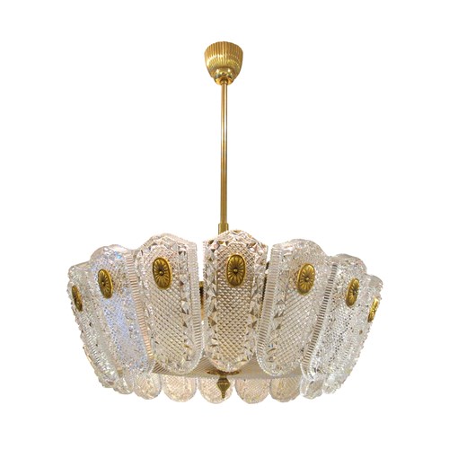 1960S/70S Large Glass And Brass Pendant Light By Orrefors, Swedish