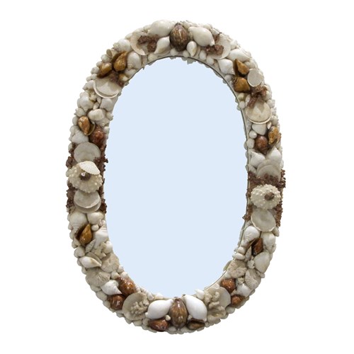 1960S Italian Oval Wall Mirror Encrusted With Sea Shells And Corals