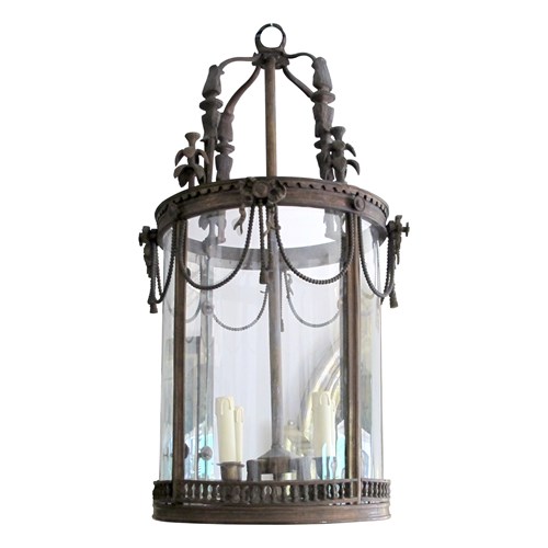 1960S French Louis XVI Style Bronze Lantern With Curved Glass 