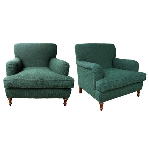 Mid-Century Pair Of Large Swedish Armchairs Newly Upholstered In A Green Fabric