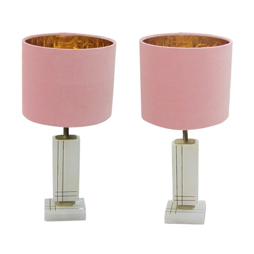 Pair Of White Onyx Structural Table Lamps With Pink Shades, Italian 1960S