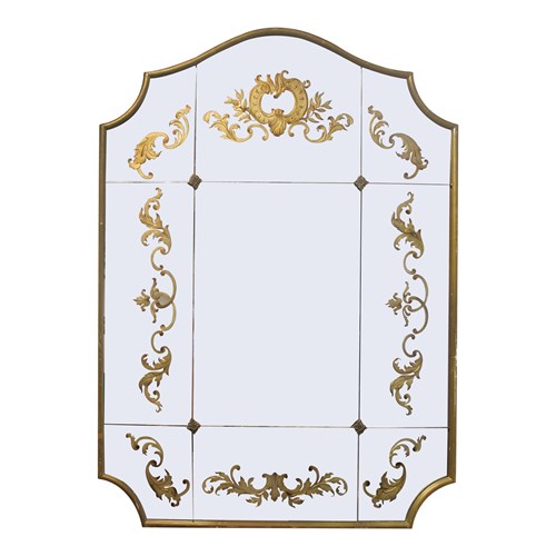 1940S French Wall Mirror With Eglomisé Gold Leaf Design 