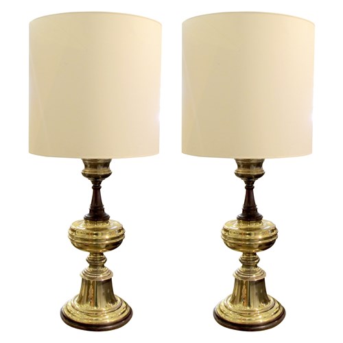 1950S Very Large Pair Of Brass And Mahogany Tables Lamps, English