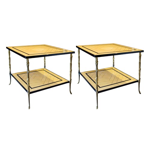 1970S Pair Of Side Tables By Maison Delisle With Bronze Legs, French 
