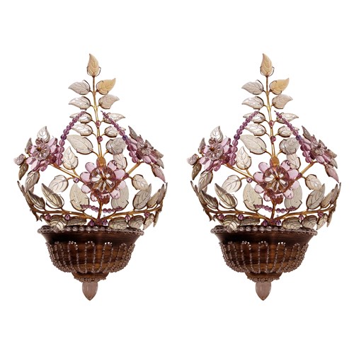 1970S Pair Of Brass And Glass Floral Wall Lights By Maison Bagues, French