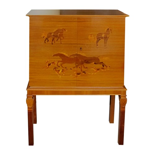 1930S Swedish Cabinet With Harness Racing Horses Marquetry