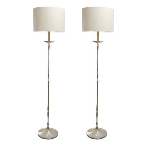 Pair Of Tall Silver Nickel-Plated Floor Lamps Circa 1960S, French 