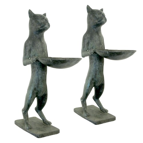 1960S Pair Of Bronze Bird Baths Cat Statues In The Style Of Diego Giacometti, En