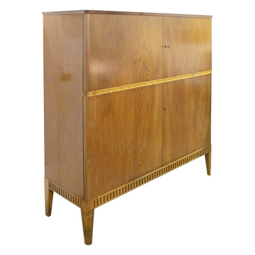 1940S Elegant Swedish Ash Veneer Cabinet With Carved Frieze And Ample Storage