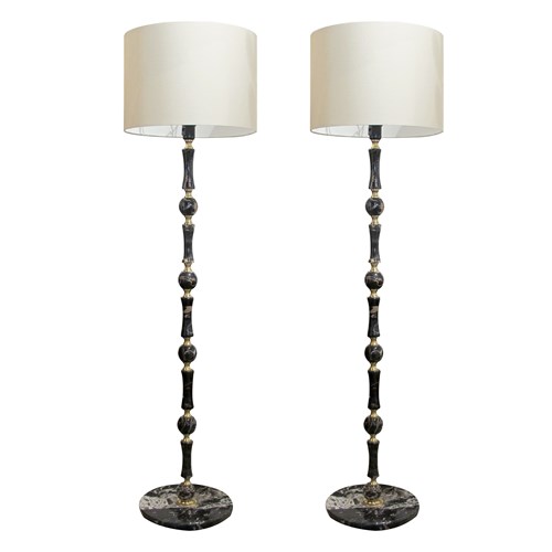 1970S Elegant Pair Of Black Marble And Brass Floor Lamps, Swedish