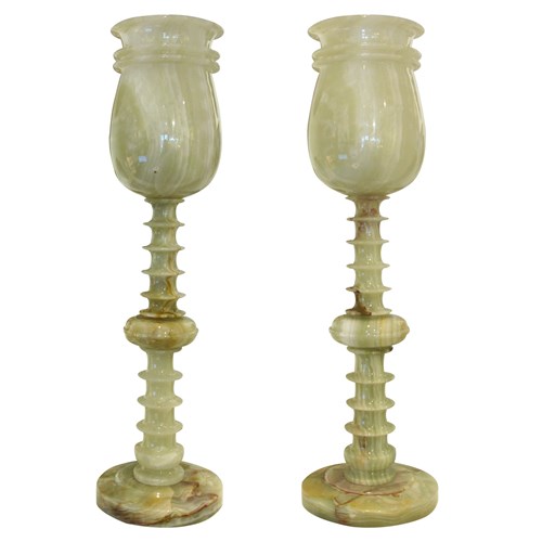 Mid-Century Pair Of Polished Green Onyx Table Lamps, English