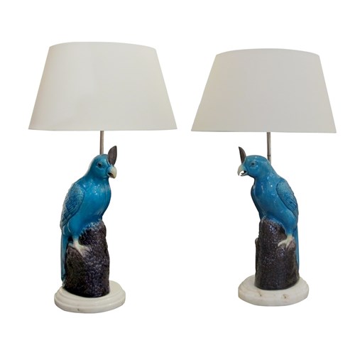 Mid-Century Pair Of Ceramic Parrot Table Lamps With White Marble Base, Italian 