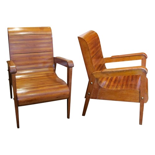 Mid-Century Pair Of Wood-Slatted Curved Chair, Italian