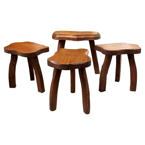 Mid-Century Set Of Four Milking Stools Carved In Oak Wood, French 