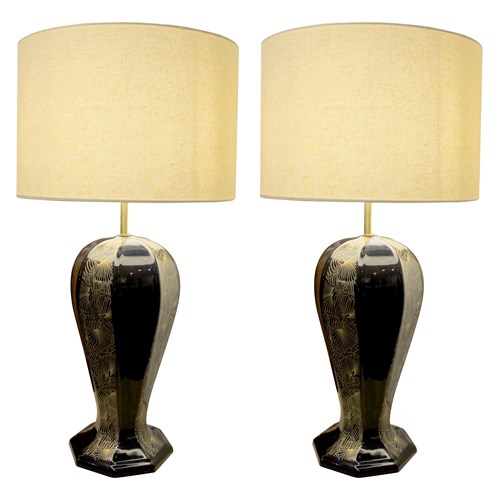 1940S Large Pair Of Black And Gold Ceramic Table Lamps, Italian