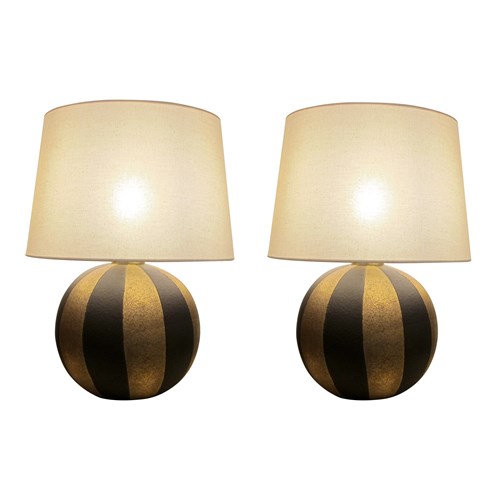 1950S Pair Of Spherical Black And Gold Ceramic Table Lamps, Italian