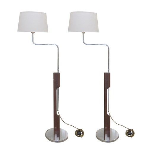 1960S Pair Of Chrome And Walnut Swivel Bracket Floor Lamps, Swedish