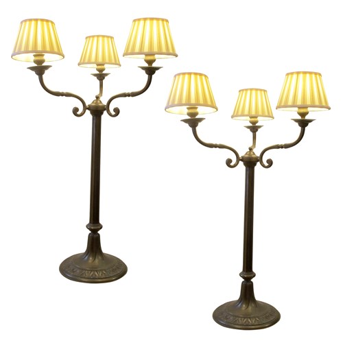 Pair Of Large Three Arms Solid Bronze Table Lamps Circa 1900, French