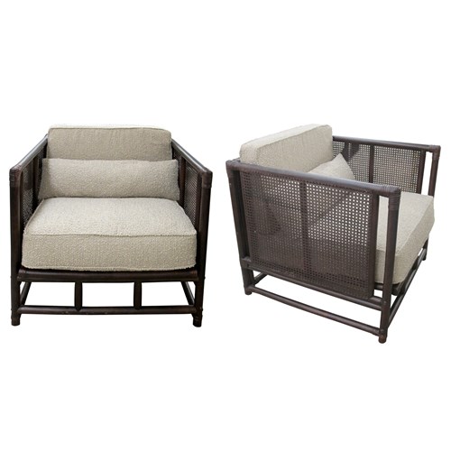 Pair Of French Mid-Century Bamboo And Rattan Armchairs With Boucle Upholstery