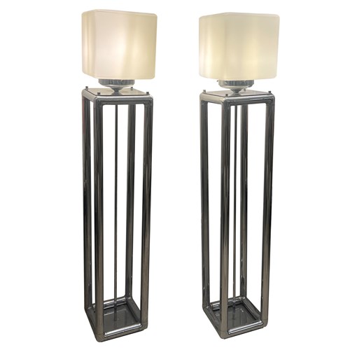 Pair Of Tall 1970S Modernist Chrome Floor Lamps, Frosted Glass Cube Shades
