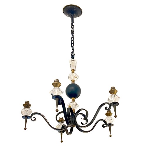 Mid-Century French Wrought Iron And Cristal De Sèvres Five-Branch Chandelier