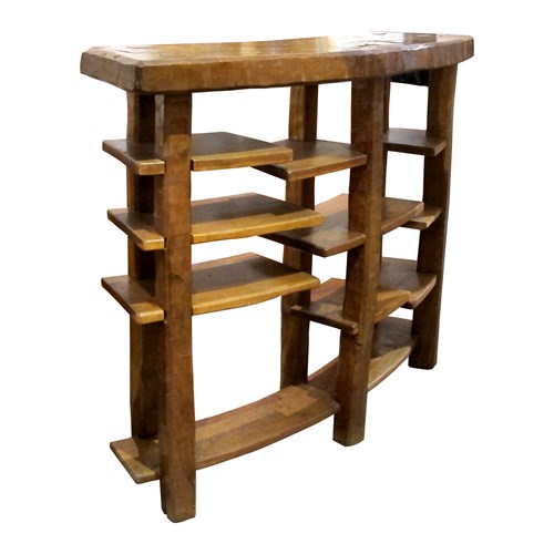 Large Mid-Century Spanish Oak Shelving Unit With Asymmetrical Tiers, 1950S