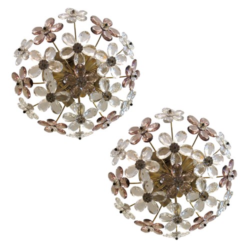 Pair Of Maison Bagues Crystal Floral Ceiling Lights, French 1970