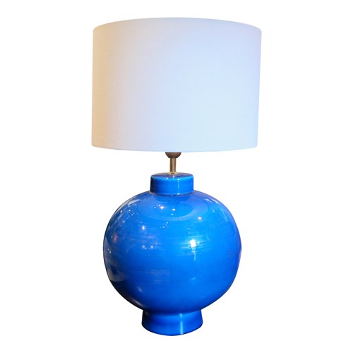 Vintage Blue Ceramic Lamp – Signed L. Drummer, French 1970S