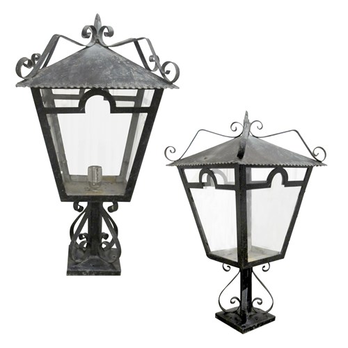 A Pair Of French Wrought Iron Outdoor Pillar Lanterns, Circa 1950