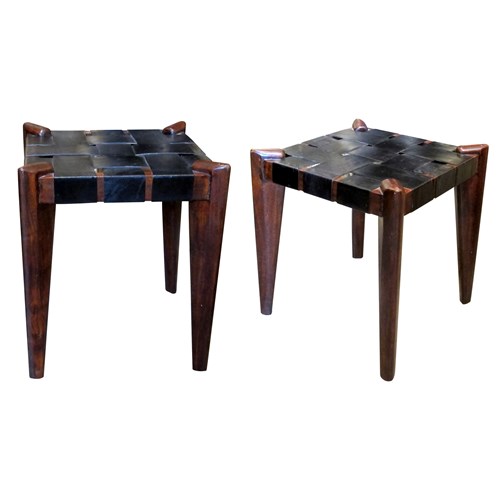 Pair Of Teak And Leather Stools, 1950S, American 