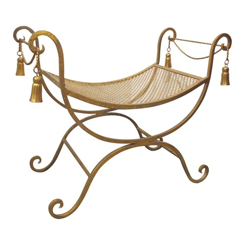 Mid-Century Italian Gilded X-Frame Curule Vanity Stool With Metal Mesh