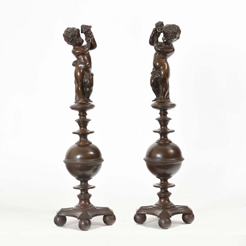 A Pair Of Italian Bronzed Cast Iron Renaissance Style Andirons