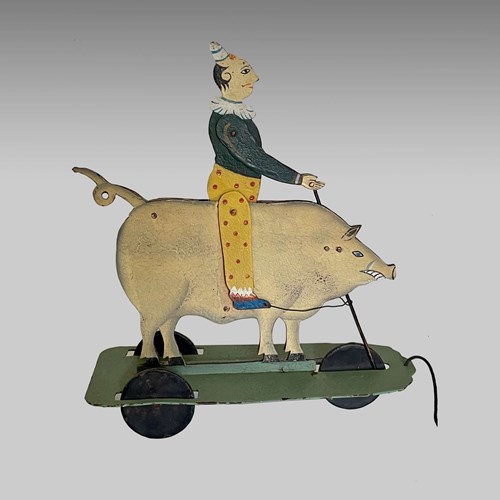 French Naive Tole Automata Of A Clown Riding A Pig