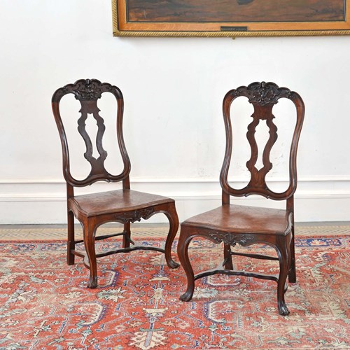 Pair 18Th Century Portuguese Tall-Back Rosewood Side Chairs