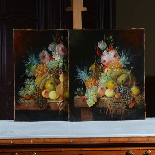 Early 19Th Century Pair Of Still Life Paintings Of Fruit And Roses