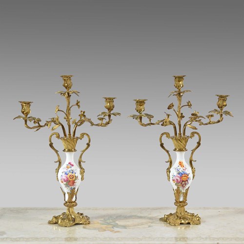 A Pair Of Porcelain And Gilt Brass Candelabra By Thomas Abbott