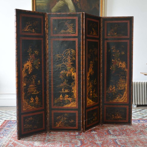 19Th Century Four Fold Chinoiserie Painted Leather Screen