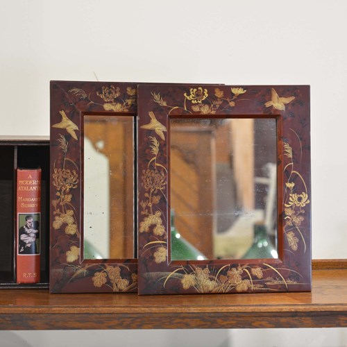 Pair Of Oriental Red Enamel Mirrors