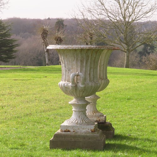Pair Of Beautiful, Large Cast Iron Campana Urns