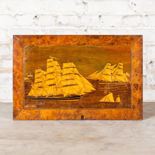 Naval Scene - Inlaid Marquetry Panel From A Trinity House Box
